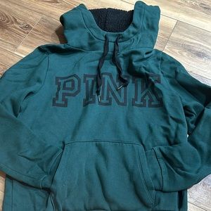 Large PINK sweatshirt. Dark green with black Sherpa lined hood